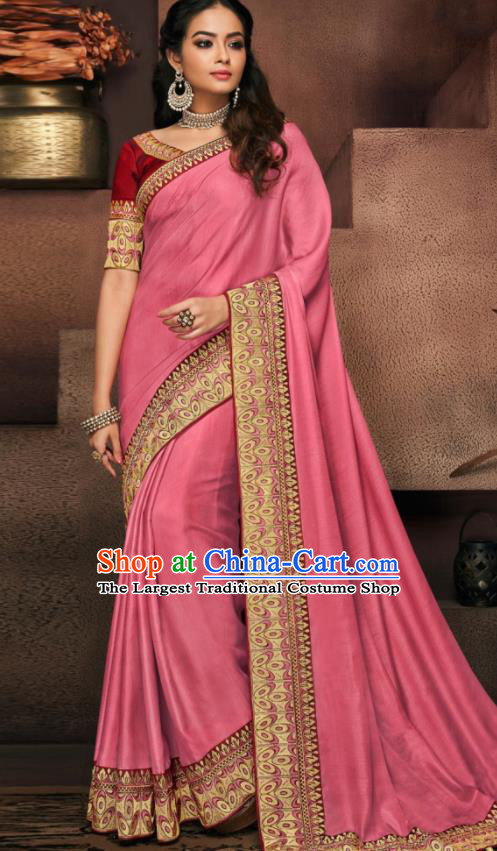 Indian Traditional Court Bollywood Peach Pink Satin Sari Dress Asian India National Festival Costumes for Women