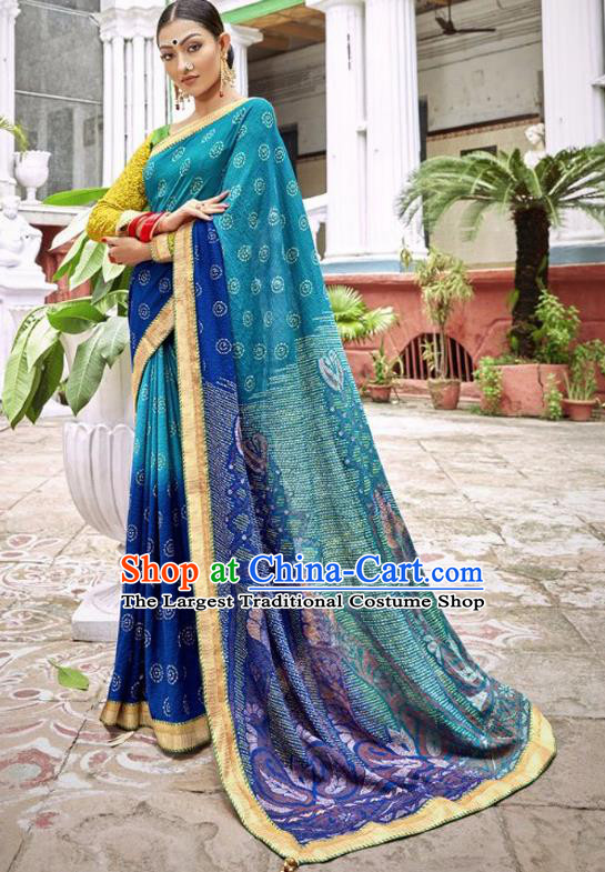 Indian Traditional Court Printing Blue Georgette Sari Dress Asian India National Festival Costumes for Women