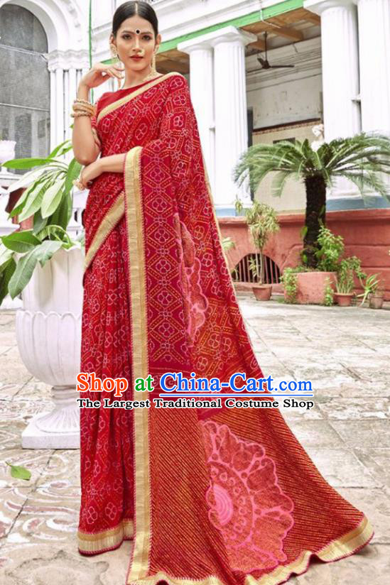 Indian Traditional Court Printing Dark Red Georgette Sari Dress Asian India National Festival Costumes for Women