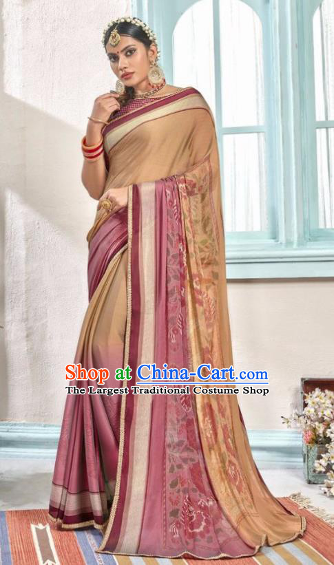 Indian Traditional Court Printing Lilac Sari Dress Asian India National Festival Costumes for Women