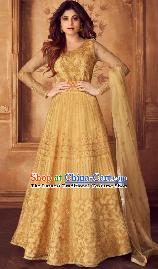 Indian Traditional Court Embroidered Yellow Anarkali Dress Asian India National Festival Costumes for Women