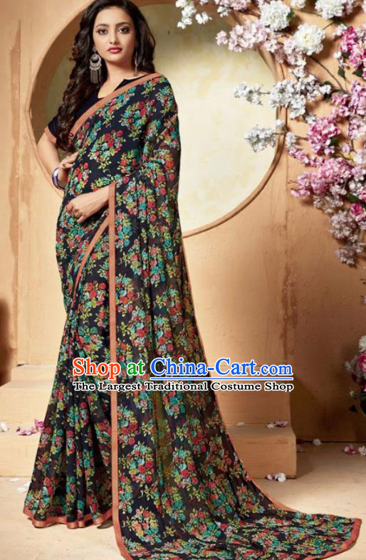 Indian Traditional Court Printing Black Chiffon Sari Dress Asian India National Festival Costumes for Women