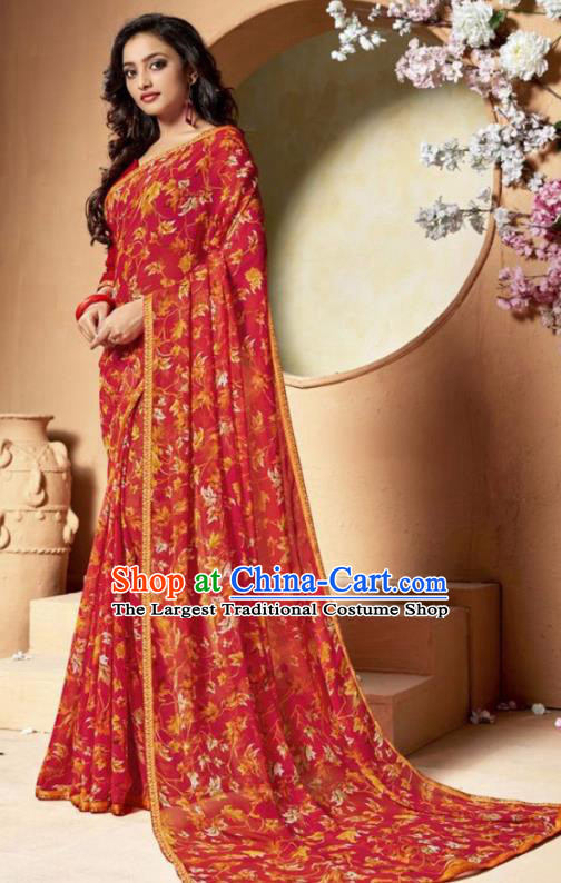 Indian Traditional Court Printing Red Chiffon Sari Dress Asian India National Festival Costumes for Women