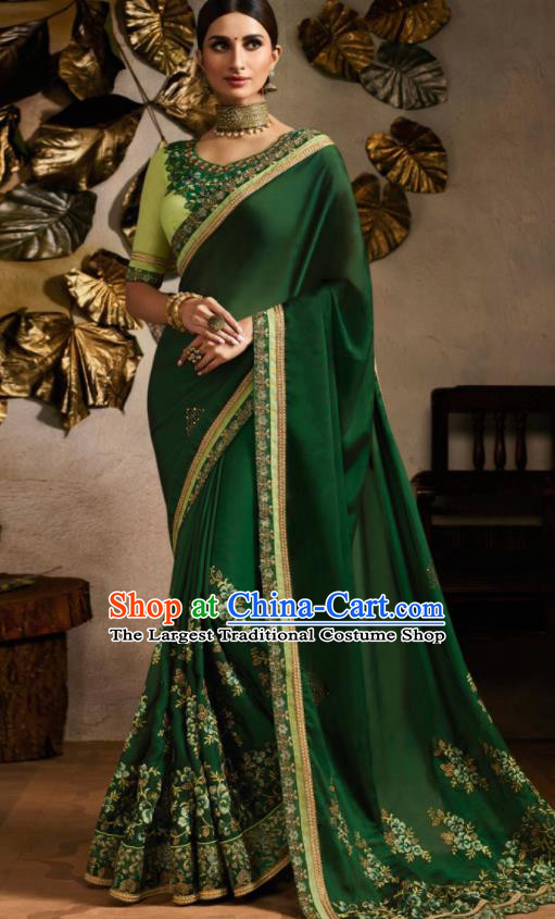 Traditional Indian Saree Bollywood Green Satin Sari Dress Asian India National Festival Costumes for Women