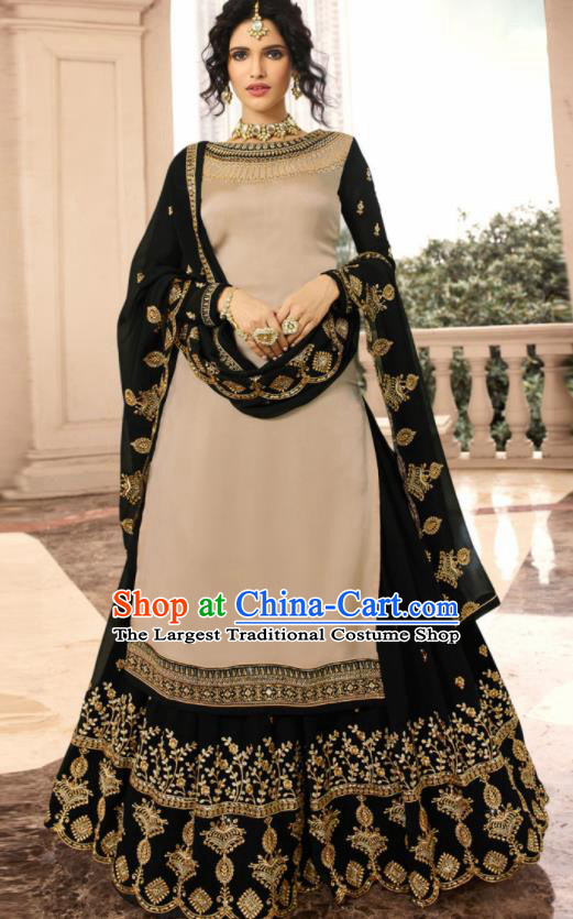 Asian Indian Punjabis Khaki Satin Blouse and Black Skirt India Traditional Lehenga Choli Costumes Complete Set for Women