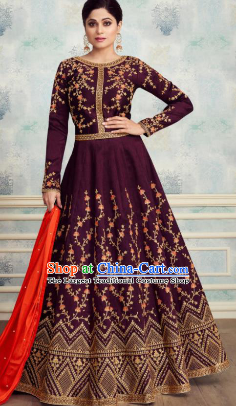 Indian Traditional Bollywood Court Purple Silk Anarkali Dress Asian India National Festival Costumes for Women