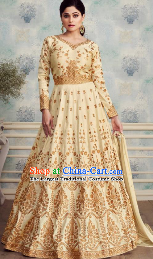 Indian Traditional Bollywood Court Light Yellow Silk Anarkali Dress Asian India National Festival Costumes for Women