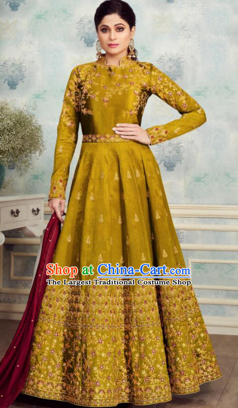 Indian Traditional Bollywood Court Ginger Silk Anarkali Dress Asian India National Festival Costumes for Women