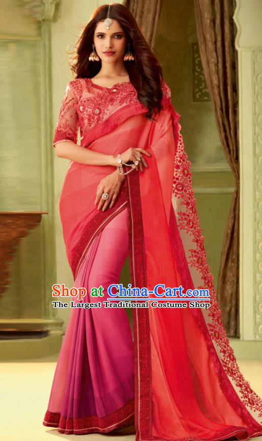 Indian Traditional Sari Bollywood Court Red Dress Asian India National Festival Costumes for Women