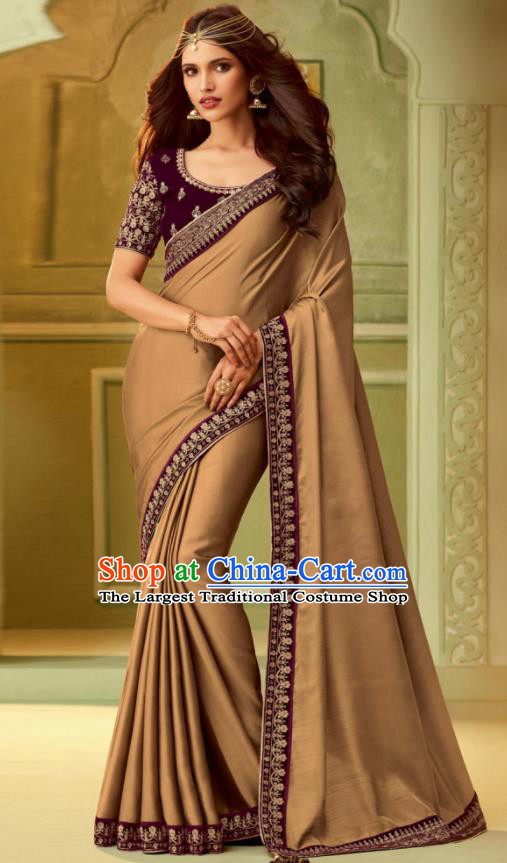 Indian Traditional Sari Bollywood Brown Silk Dress Asian India National Festival Costumes for Women