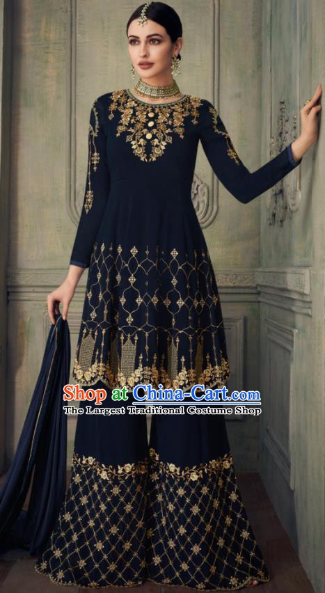 Asian Indian Punjabis Navy Blouse and Pants India Traditional Lehenga Choli Costumes Complete Set for Women