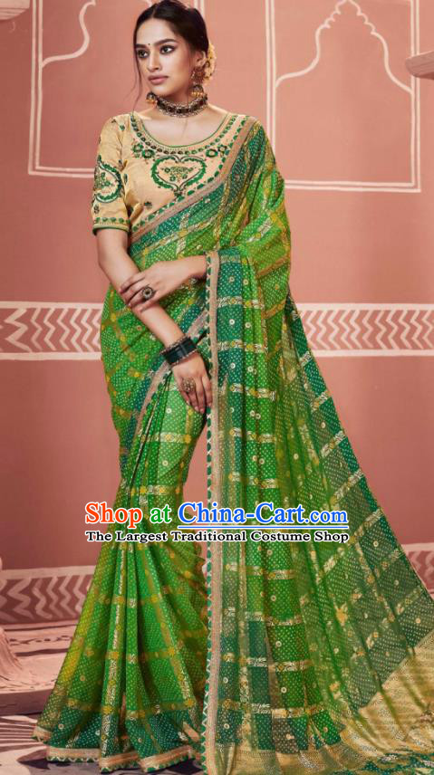 Indian Traditional Sari Bollywood Printing Deep Green Dress Asian India National Festival Costumes for Women