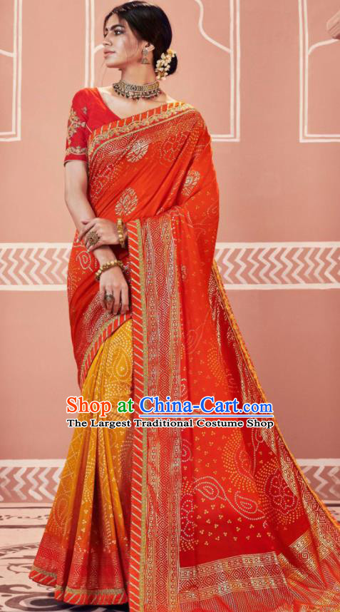 Indian Traditional Sari Bollywood Wedding Printing Red Dress Asian India National Festival Costumes for Women