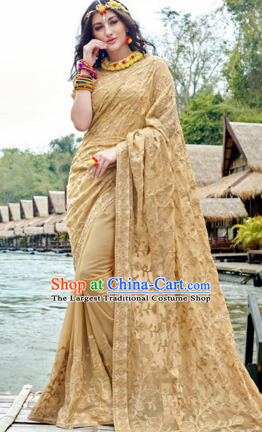 Indian Traditional Bollywood Court Embroidered Beige Georgette Sari Dress Asian India National Festival Costumes for Women