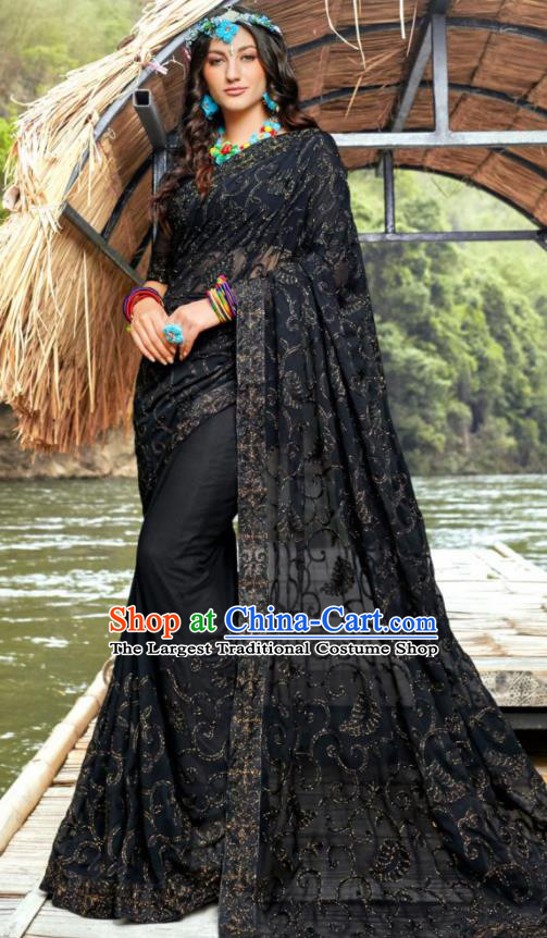 Indian Traditional Bollywood Court Embroidered Black Georgette Sari Dress Asian India National Festival Costumes for Women