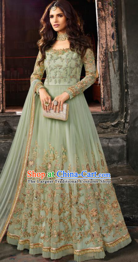 Asian Indian Embroidered Green Blouse and Pants India Traditional Lehenga Choli Costumes Complete Set for Women