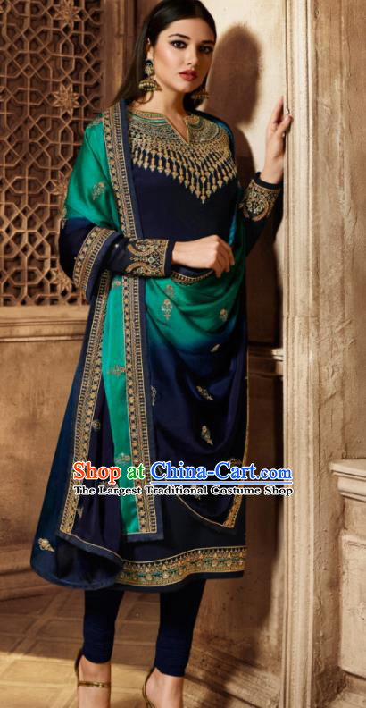 Asian Indian Traditional Embroidered Navy Satin Blouse and Pants India Punjabis Lehenga Choli Costumes Complete Set for Women