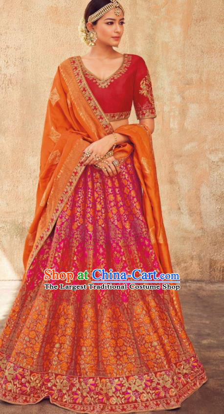 Indian Traditional Bollywood Lehenga Rosy Banarasi Silk Dress Asian India National Festival Costumes for Women