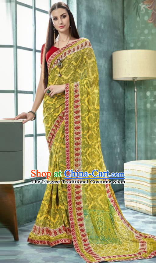 Indian Traditional Bollywood Printing Sari Yellow Dress Asian India National Festival Costumes for Women