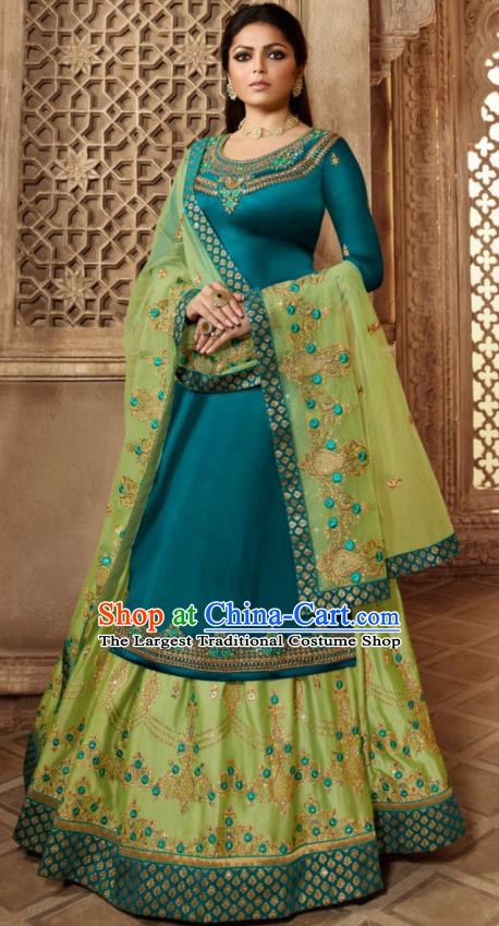 Asian Indian Embroidered Peacock Blue Satin Blouse and Green Skirt India Traditional Lehenga Choli Costumes Complete Set for Women