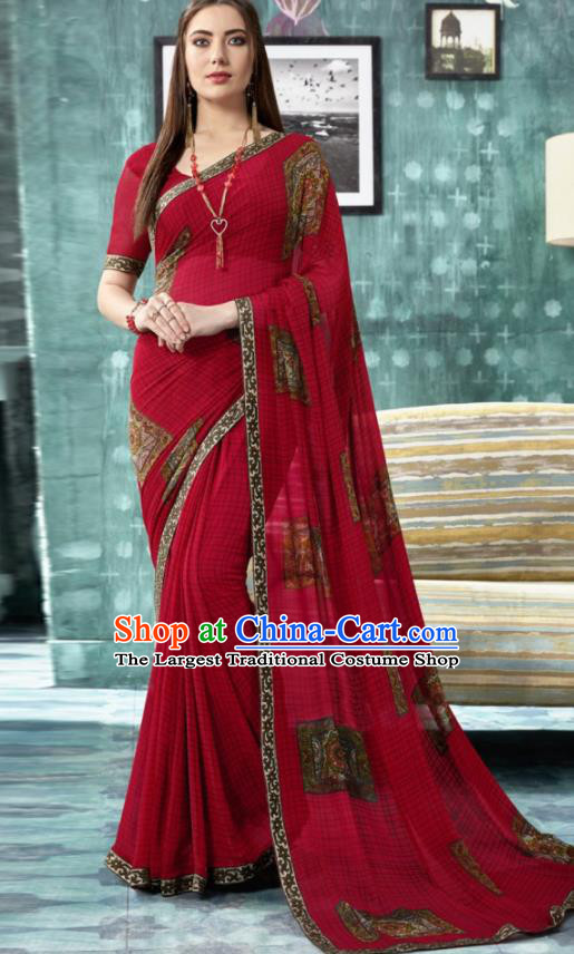 Indian Traditional Bollywood Printing Sari Dark Red Dress Asian India National Festival Costumes for Women