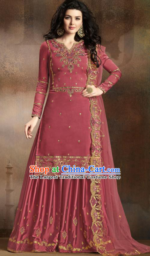 Asian Indian Traditional Embroidered Wine Red Satin Blouse and Loose Pants India Punjabis Lehenga Choli Costumes Complete Set for Women