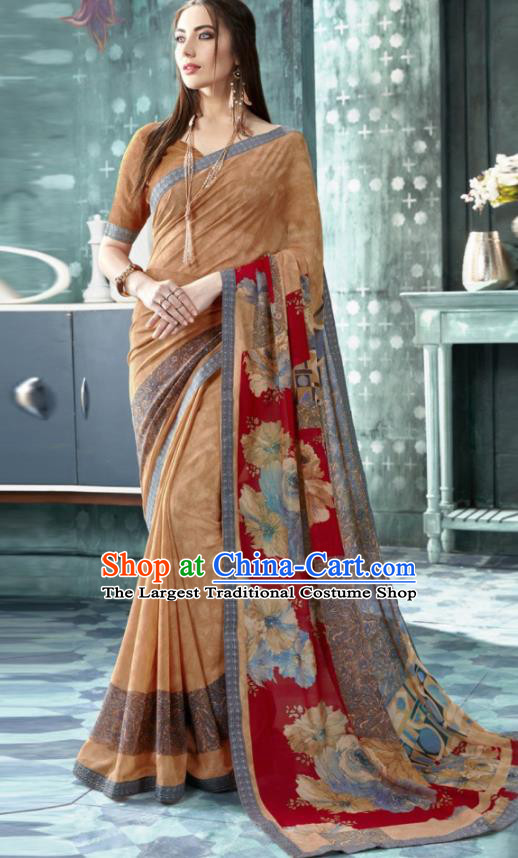 Indian Traditional Bollywood Printing Sari Brown Dress Asian India National Festival Costumes for Women