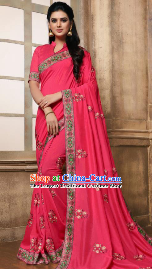 Indian Traditional Bollywood Embroidered Rosy Silk Sari Dress Asian India National Festival Costumes for Women