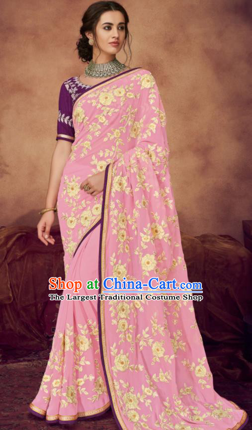 Indian Traditional Court Bollywood Embroidered Pink Sari Dress Asian India National Festival Costumes for Women