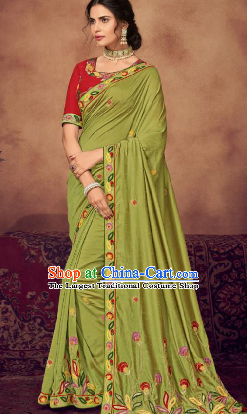 Indian Traditional Court Bollywood Embroidered Olive Green Sari Dress Asian India National Festival Costumes for Women