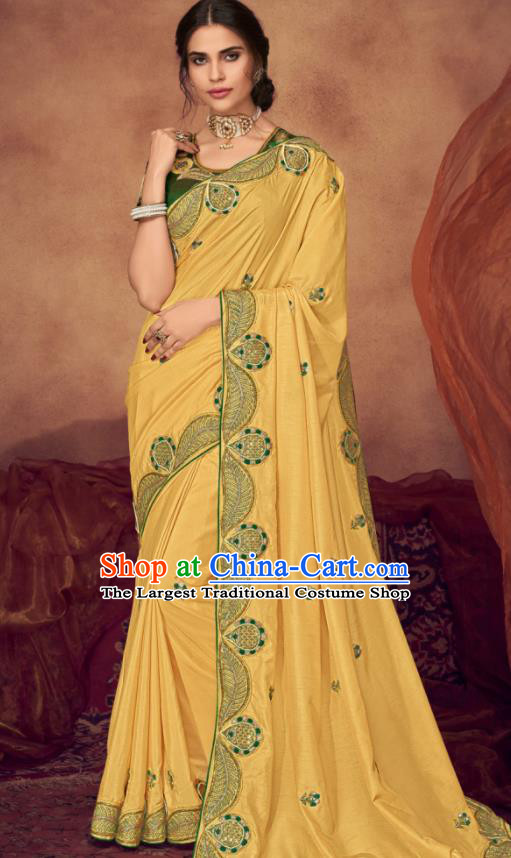 Indian Traditional Court Bollywood Embroidered Yellow Sari Dress Asian India National Festival Costumes for Women