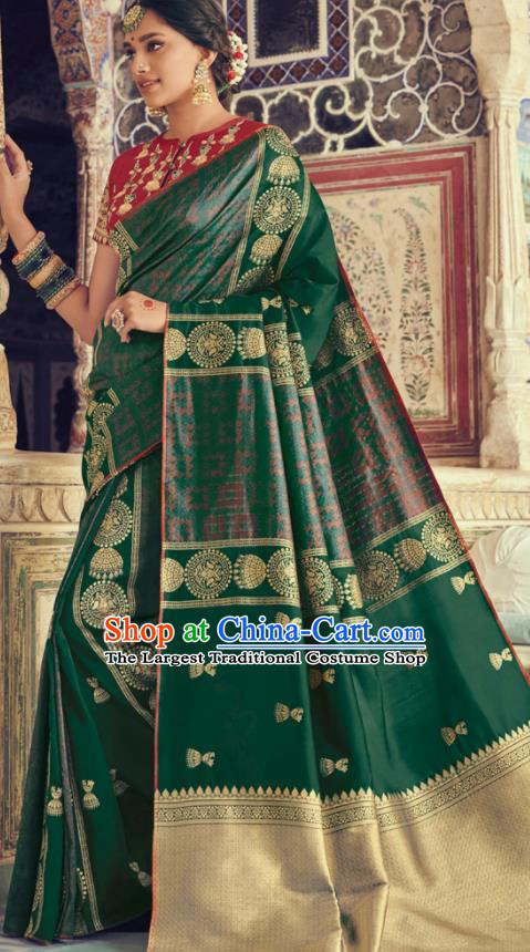 Indian Traditional Festival Deep Green Silk Sari Dress Asian India National Court Bollywood Costumes for Women