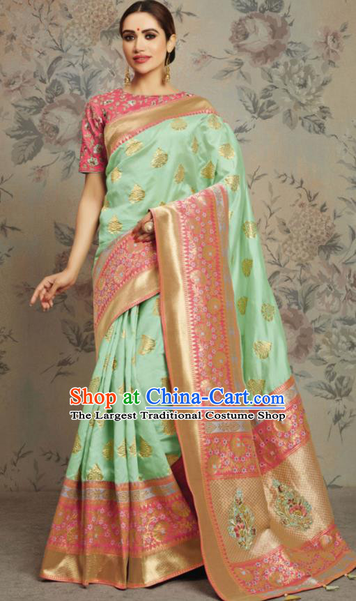 Indian Traditional Festival Jacquard Light Green Sari Dress Asian India National Court Bollywood Costumes for Women