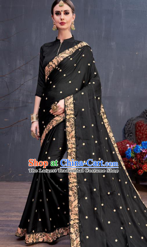 Indian Traditional Festival Black Silk Sari Dress Asian India National Court Bollywood Costumes for Women