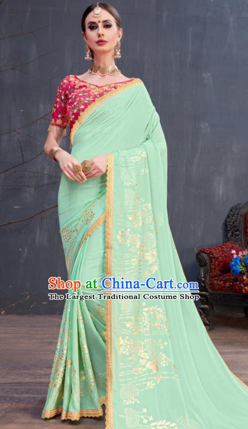 Indian Traditional Festival Light Green Silk Sari Dress Asian India National Court Bollywood Costumes for Women