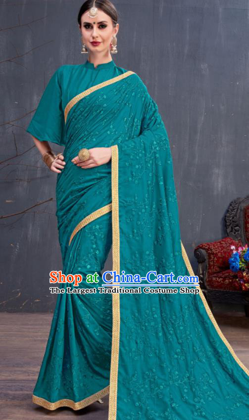 Indian Traditional Festival Lake Blue Sari Dress Asian India National Court Bollywood Costumes for Women