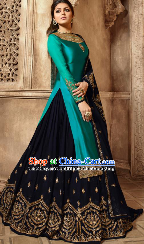 Asian Indian Embroidered Peacock Green Satin Blouse and Navy Skirt India Traditional Lehenga Choli Costumes Complete Set for Women