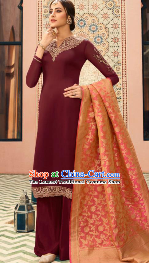 Indian Traditional Embroidered Wine Red Satin Blouse and Loose Pants India Punjabis Lehenga Choli Costumes Complete Set for Women