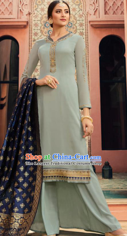 Indian Traditional Embroidered Light Blue Satin Blouse and Loose Pants India Punjabis Lehenga Choli Costumes Complete Set for Women