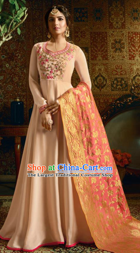 Indian Traditional Festival Apricot Satin Anarkali Dress Asian India National Court Bollywood Costumes for Women