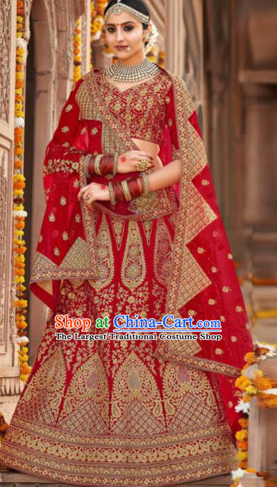 Indian Traditional Wedding Bride Lehenga Red Embroidered Dress Asian India National Court Bollywood Costumes for Women