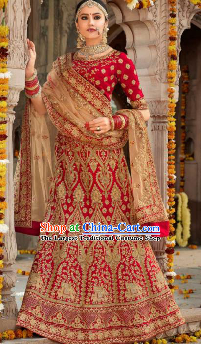 Traditional Indian Wedding Lehenga Court Bride Red Embroidered Dress Asian India National Bollywood Costumes for Women