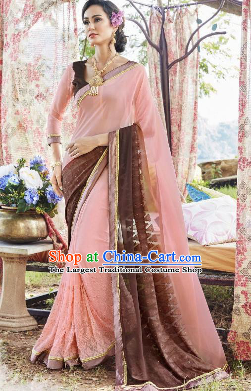 Traditional Indian Embroidered Pink and Brown Georgette Sari Dress Asian India National Bollywood Costumes for Women