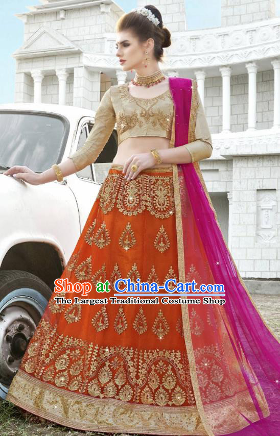 Traditional Indian Embroidered Lehenga Orange Dress Asian India National Bollywood Costumes for Women