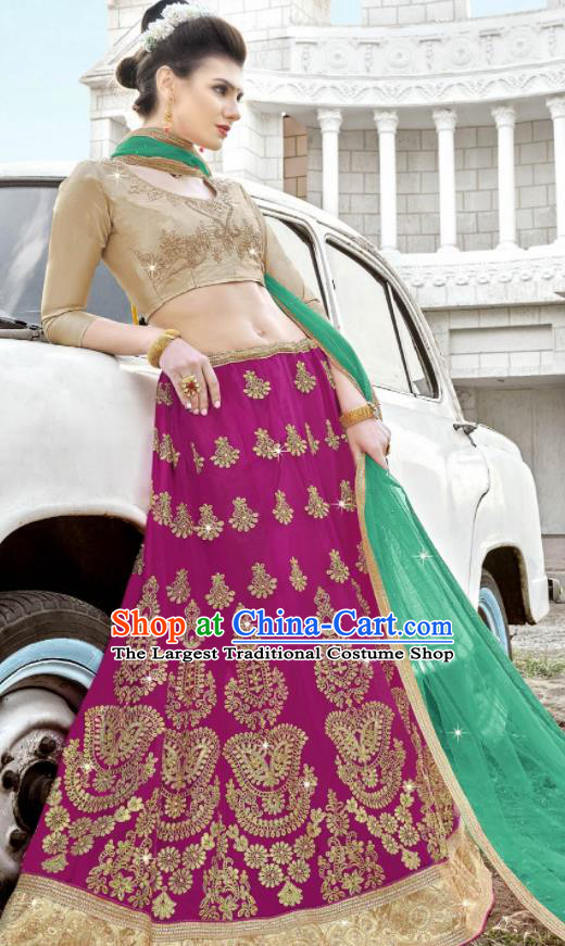 Traditional Indian Embroidered Lehenga Rosy Dress Asian India National Bollywood Costumes for Women
