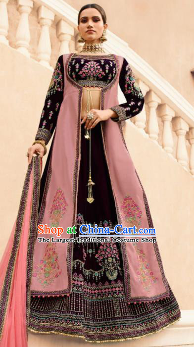 Traditional Indian Embroidered Lehenga Purple Velvet Dress Asian India National Bollywood Costumes for Women