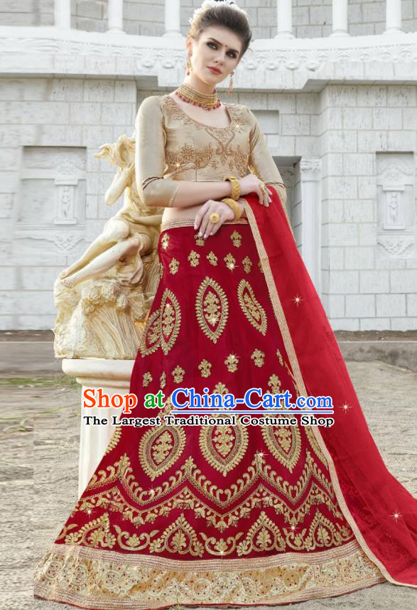 Traditional Indian Embroidered Lehenga Red Dress Asian India National Bollywood Costumes for Women