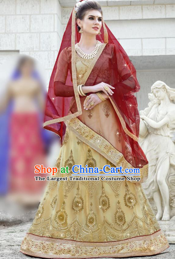Traditional Indian Embroidered Lehenga Light Golden Dress Asian India National Bollywood Costumes for Women
