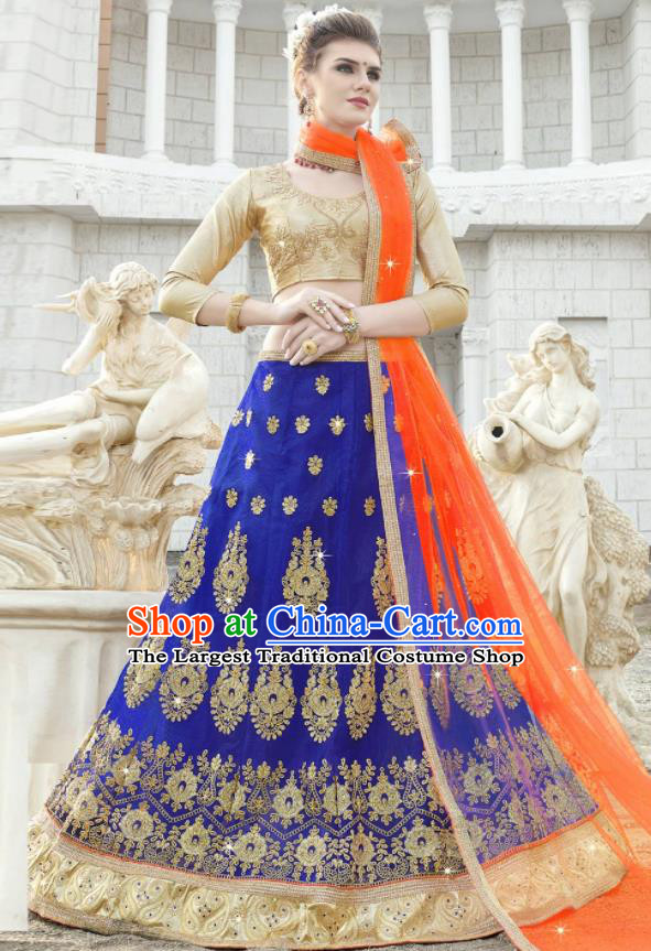 Traditional Indian Embroidered Lehenga Royal Blue Dress Asian India National Bollywood Costumes for Women