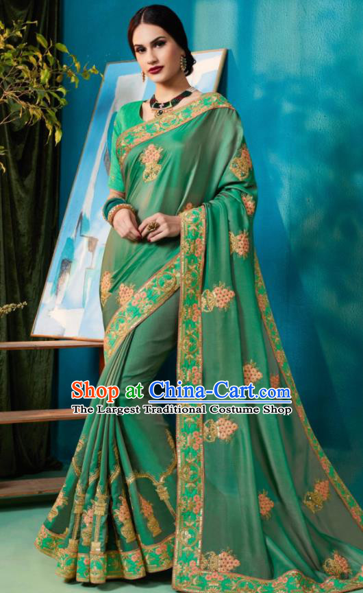 Traditional Indian Sari Embroidered Green Silk Dress Asian India National Bollywood Costumes for Women